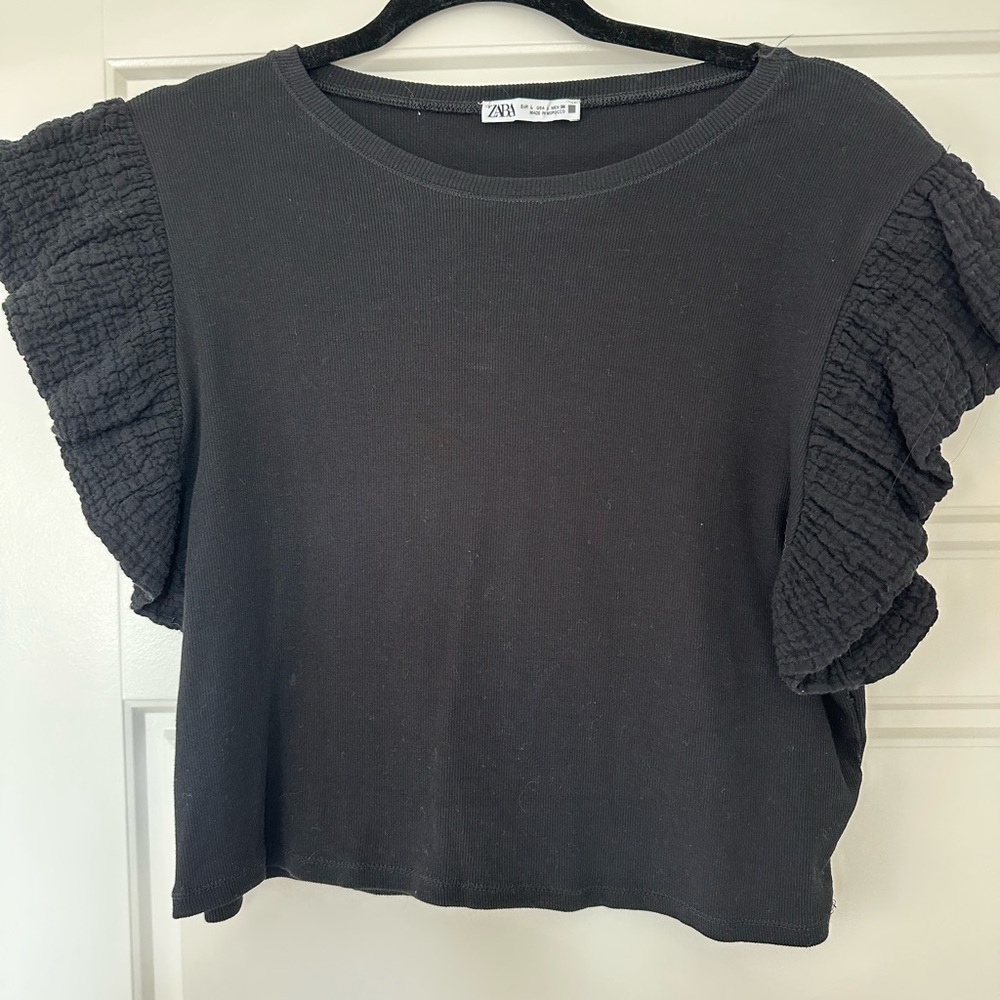 Zara Black Ruffled Flutter Sleeve Crop Top